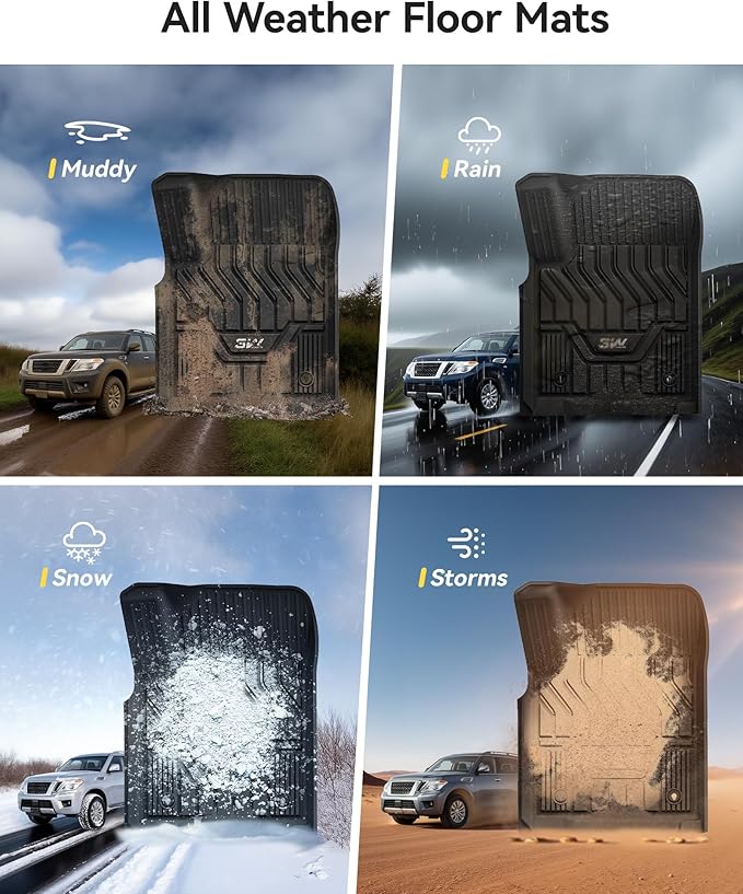 3W Floor Mats Fit for Nissan Armada 2017 2018 / Infiniti QX80 2014-2018 / Infiniti QX56 2011-2013, All Weather TPE Custom Fit Car Accessories 1st and 2nd Row Full Set Car Mats, Black