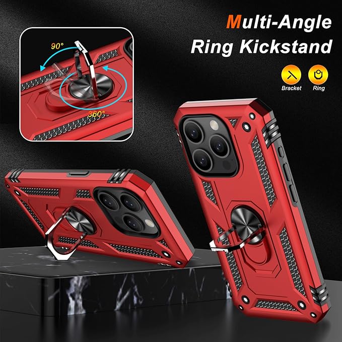 IKAZZ for iPhone 14 Pro Case 6.1 Inch with Screen Protector,Military Grade Shockproof Heavy Duty Protective Phone Cover Pass 16ft Drop Test with Magnetic Kickstand Car Mount Holder,Red