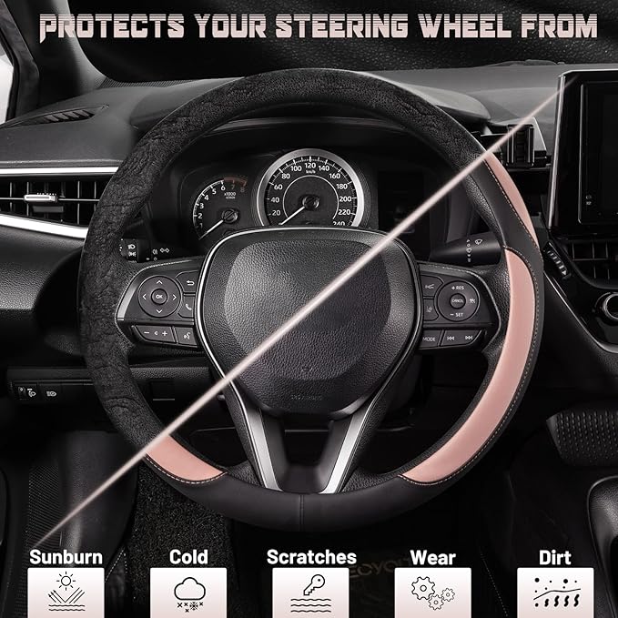 SEG Direct Car Steering Wheel Cover for Women Men, Standard Size 14.5-15 inch (37-39 cm), Auto Interior Accessories, Black and Pink