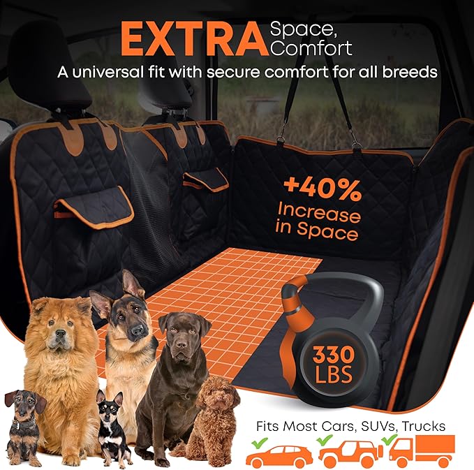 ASHLEY MADDEN Heavy Duty Dog Seat Cover for Trucks - Hard Bottom Back Seat Extender – 100% Waterproof, Nonslip Hammock with Mesh Window & Storage – Fits Cars, SUVs & Trucks
