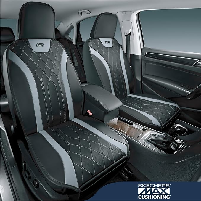 Skechers MAX Cushioning Car Seat Covers,Memory Foam Leather Car Seat Protectors, Airbag Safe Waterproof Sideless Front Seat Covers with Storage Pocket,Universal Fit for Cars Trucks SUV, Gray 2PCS
