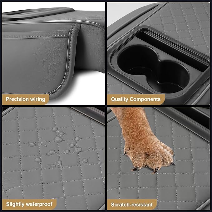 YORKNEIC Upgraded Car Center Console Cover with Cup Holder 2 Storage Bags - Faux Leather Arm Rest Cover Fit for Ford Mustang Mach-E,Middle Console Cover Multi-Functional Car armrest Cushion(Grey)