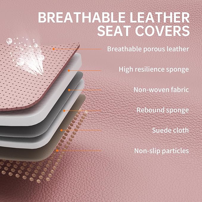 Pink Car Seat Covers Full Set, Full Coverage Luxury Leather Car Seat Protector Universal Fit for Most Cars SUVs Pick-up Trucks, Pink Seat Covers Car Interior Accessories for Women