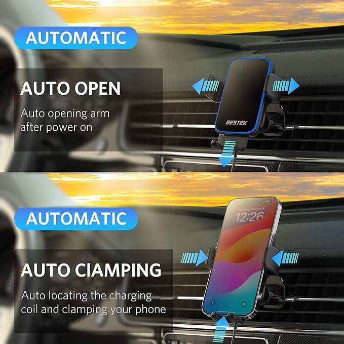Wireless Car Charger, BESTEK 15W Fast Charging Auto Clamping Car Phone Holder with QC3.0 Car Charger, Air Vent Car Phone Mount Compatible with iPhone 15/14/13/12/X/8 Series, Samsung, LG,Google