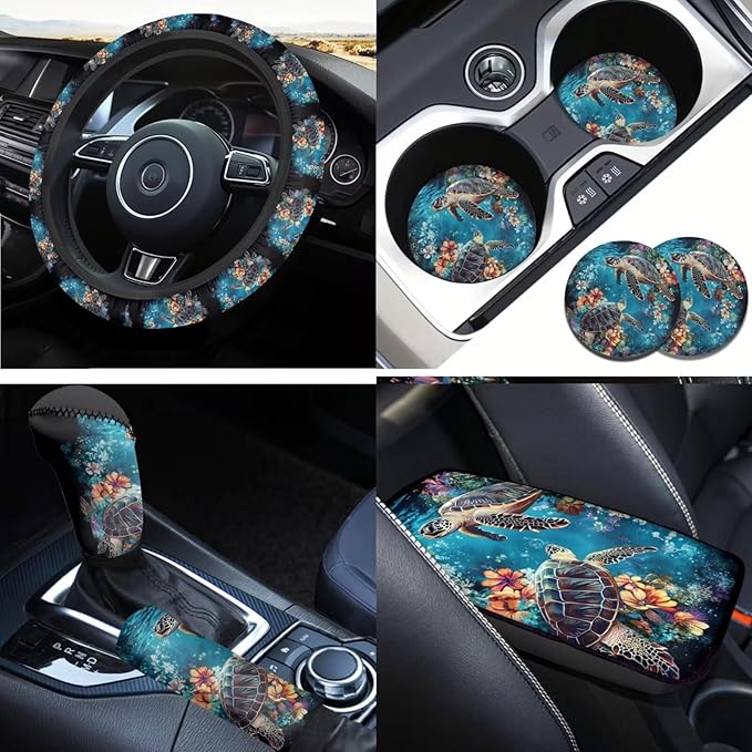 Steering Wheel Cover Sea Turtle Print Car Interior Decor Armrest Cushion,Cup Mat,Handbrake Gear Cover Protector Suit for SUV,Truck,Vans -6pcs