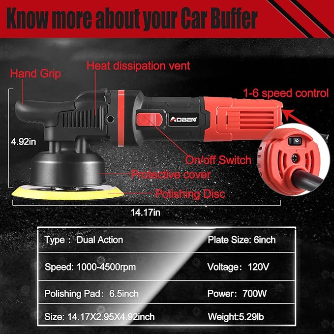 AOBEN Car Buffer Polisher,6 inch Dual Action Polisher,Random Buffer Polisher kit with 6 Variable Speed 1000-4500rpm,Detachable Handle,4 Buffing Pads for Car detailing Polishing and Waxing