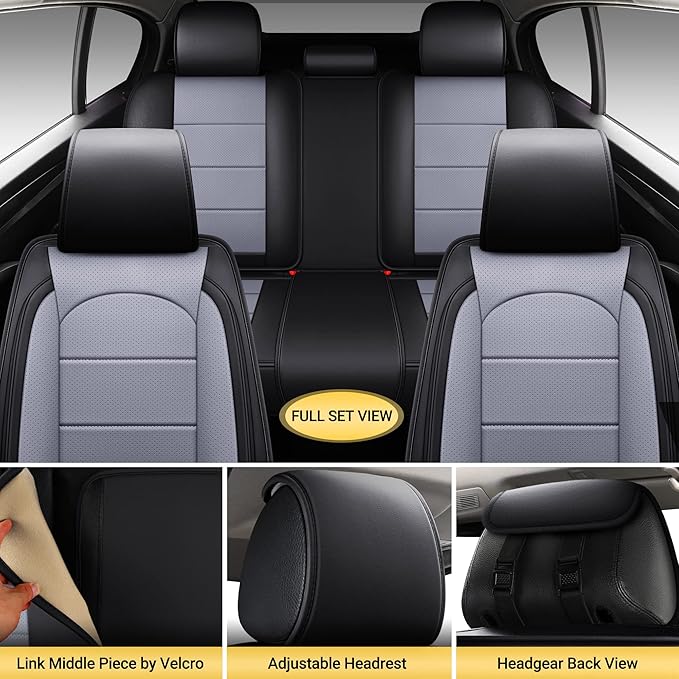 AOOG Leather Car Seat Covers with Car Backseat Organizer, Universal fit Automotive Vehicle Most Sedan SUV Pick-up Truck (Full Set, Black&Grey)