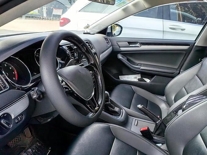 XHRING Car Steering Wheel Cover for Ford F150 F250 Raptor F250 Super Duty F350 Expedition Accessories F-150 XL XLT Lariat King Ranch Platinum Limited Lightning Tremor Leather Black 15 ½''-16''