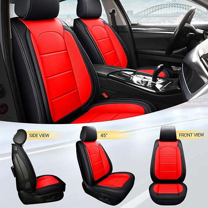 AOOG Leather Car Seat Covers with Car Backseat Organizer, Universal fit Automotive Vehicle Most Sedan SUV Pick-up Truck (Front Pair, Black&Red)