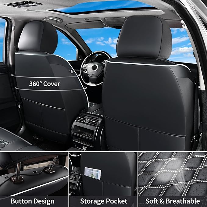 Huidasource Silverado Seat Covers Front Back Leather Seat Accessories Fit for Chevy Silverado GMC Sierra 1500 2007-2013&2019-2025, 2500HD 3500HD 2020-2025 Crew Double Cab(Full Set/Black&White)