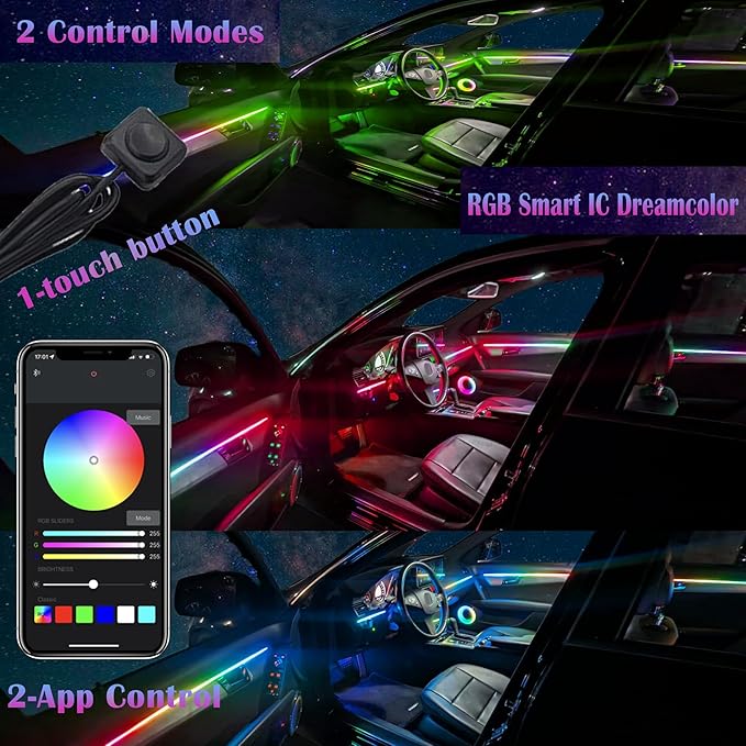 Dreamcolor Acrylic Interior Car LED Strip Light, RGB 18 in 1 Fiber Optic Ambient Lighting Kits, 16 Million Colors Sound Active Function Car Neon Lights with Wireless APP