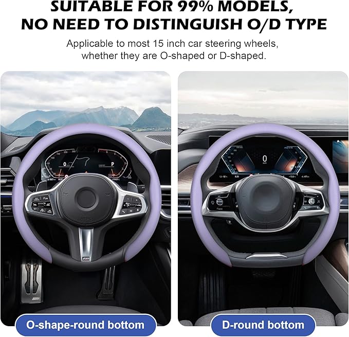 frani Leather Steering Wheel Cover, Universal 15 Inch Premium Non-Slip Steering Wheel Cover Light Purple