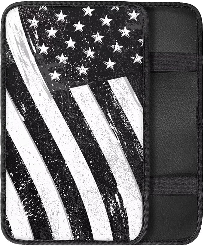 Auto Center Console Pad,Soft Waterproof Car Center Console Cover Auto Armrest Seat Box Cover Protector for Most Vehicle SUV Truck Car, Black White American Flag