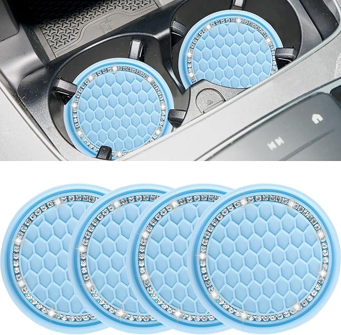 Amooca Car Cup Coaster 4 Pack Universal Non-Slip Cup Holders Insert Coasters Bling Crystal Rhinestone Car Interior Accessories Blue Grid