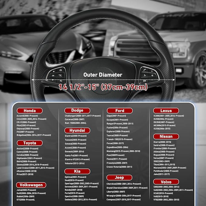 SEG Direct Car Steering Wheel Cover Universal Standard Size 14 1/2"-15" Leather with Carbon Fiber Pattern Black and Red