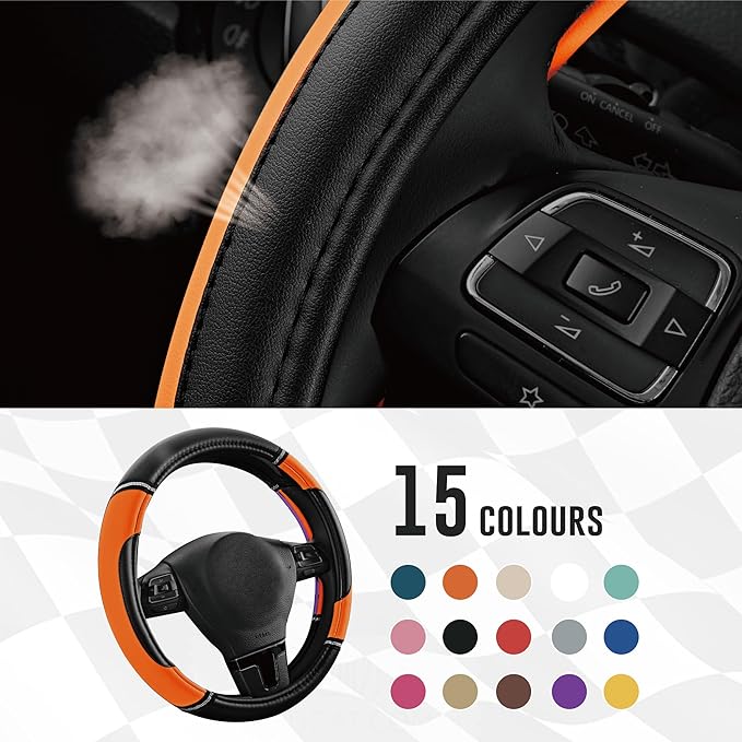 Road Comforts Leather Steering Wheel Cover - Made with PVC Leather - Anti-Slip, Universal Fit 14 1/2 inches to 15 inches - Orange