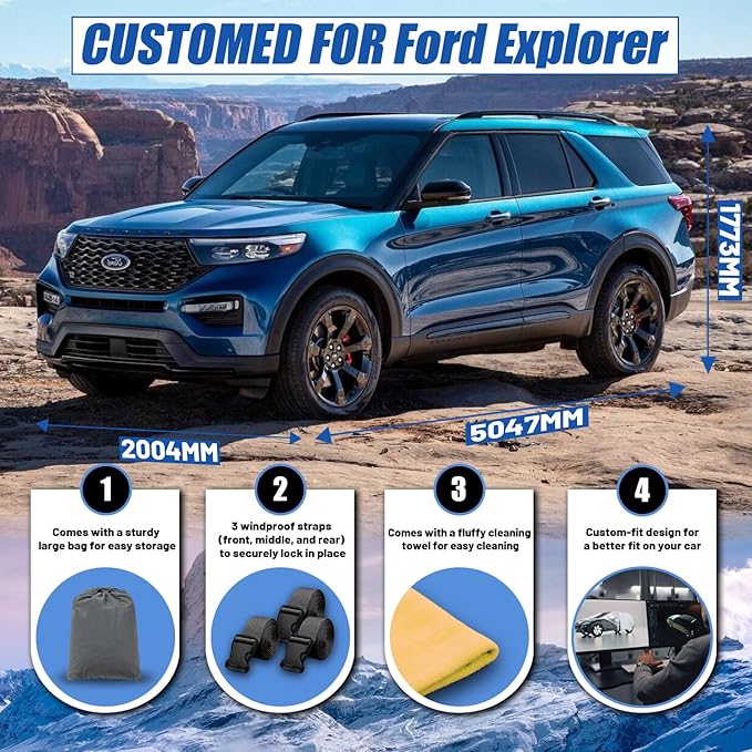 [2025 Upgrade] SUV Car Cover Custom Fit for Ford Explorer (2006-2025), Waterproof All Weather for Automobiles Full Exterior Cover Rain Sun Snow UV Protector.