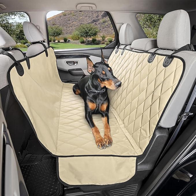 4Knines Dog Backseat Cover with Hammock for Cars, SUVs, and Trucks – Waterproof Layers, Nonslip Seat Protector, Durable Nylon Clips, K9 Shield with Heavy Duty Thread, (Extra Large, Tan)
