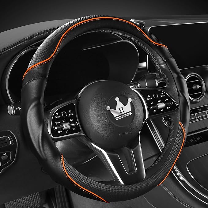 3D Car Steering Wheel Cover Comfort Grip Massage Sporty Anti-Slip Carbon Fiber Faux Leather for Sedan SUV, Universal Fit, Car Handle Covers for All Seasons, 14.75-15.15in, Orange