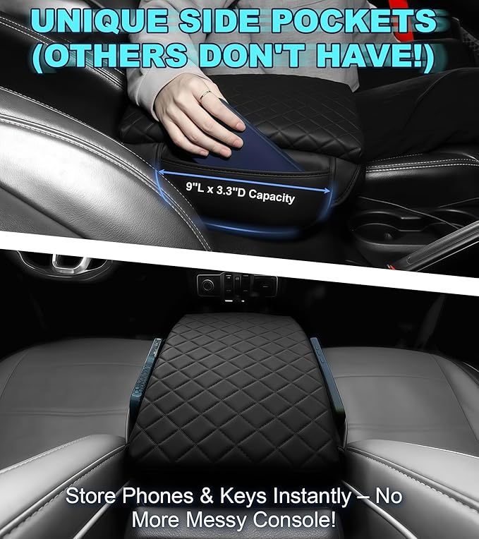 Armrest Cover for Jeep Wrangler Center Console Pad with Organizer Storage Pockets, Black Faux Leather Arm Rest Lid Protector Cushion Interior Accessories (2011-2017 Wrangler JK)