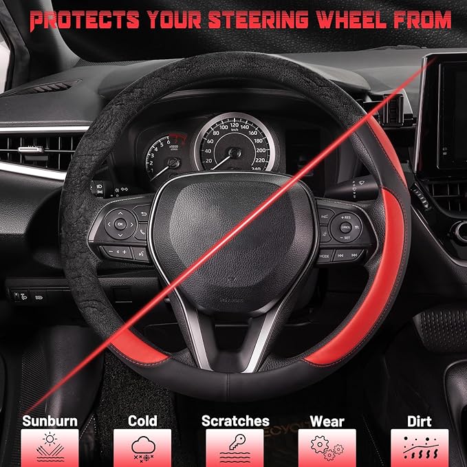SEG Direct Car Steering Wheel Cover for Women Men, Standard Size 14.5-15 inch (37-39 cm), Auto Interior Accessories, Black and Red