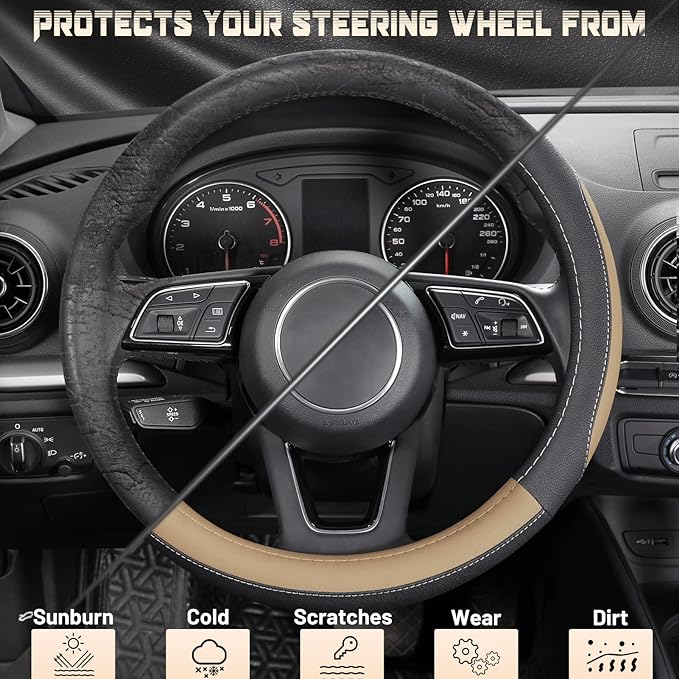SEG Direct Car Steering Wheel Cover for Prius Civic Model 3 Model Y Camaro, Small Size 14-14.25 inch, Black and Beige Microfiber Leather