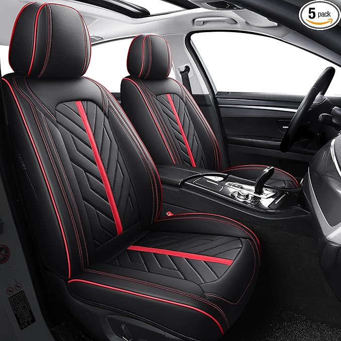 Tomatoman Car Seat Covers Full Set,Universal Automotive Waterproof Leather Vehicle Cushion Full Coverage Protectors Fit for Most Sedans SUV Pick-up Truck(Full Set/Black-Red)