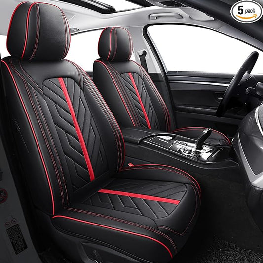 Tomatoman Car Seat Covers Full Set,Universal Automotive Waterproof Leather Vehicle Cushion Full Coverage Protectors Fit for Most Sedans SUV Pick-up Truck(Full Set/Black-Red)