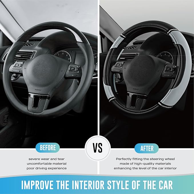 Road Comforts Leather Steering Wheel Cover - Made with PVC Leather - Anti-Slip, Universal Fit 14 1/2 inches to 15 inches - Gray