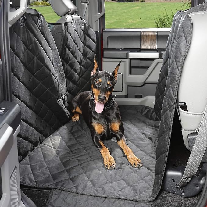 4Knines Dog Floor Hammock for Truck & Crew Cab with Fold Up Seats – Back Seat Pet Cover for Dogs – Compatible with Ford F-150, GMC, Chevrolet, Toyota Full Size Trucks (Passenger Side Split, Black)