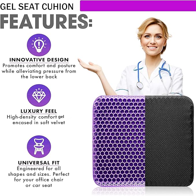 Gel Seat Cushion - Enhanced Double Thick Egg Seat Cushion with Non-Slip Cover - Office Chair Car Seat Cushion - Sciatica & Back Pain Relief - Perfect for Office Chair Car Wheelchair Travel