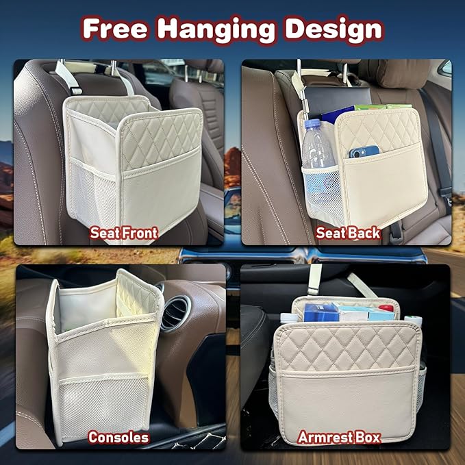 Upgrade Car Seat Organizer Backseat with Storage Pockets, Multipurpose Car Organizer Hanging, Car Trash Bag Can,Premium PU Leather Garbage Can 2.14 Gallon Large Capacity Accessories Beige