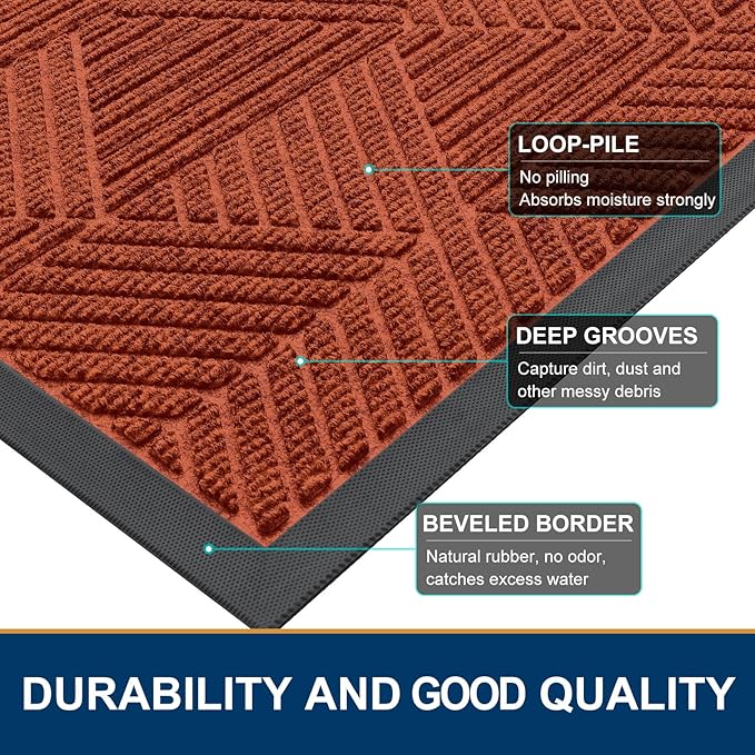 Smiry Front Door Mat Outside Entrance, Heavy Duty Sturdy Natural Rubber Doormat, Trap Dirt and Moisture, Easy Clean Low Profile Mats for Indoor Outdoor Entry, Irregular Triangle (36x24, BRN-Orange)
