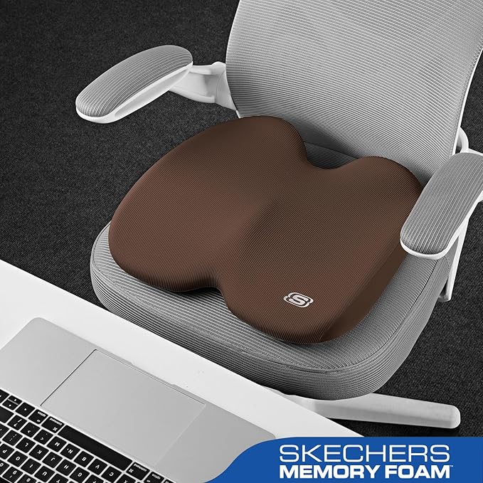 Skechers Memory Foam Seat Cushion,Ribbed Fabric Office Chair Cushion for Tailbone Pain Relief,Butt Pillow for Office Chair,Car Seat Cushion,Long Sitting Office Workers,and Car Drivers,Brown