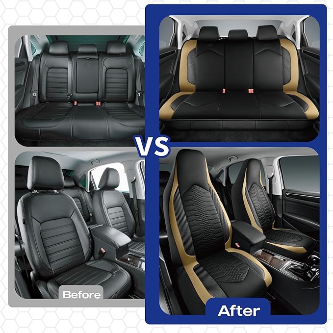 Skechers Memory Foam Car Seat Covers, Leather High Back Seat Covers Quilting Design,Waterproof Sports Car Seat Covers Front Seats,Airbag Compatible, Universal Fit for Most Cars, SUVs,Trucks,Beige