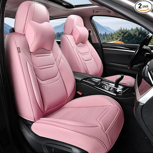 Pink Car Seat Covers Front Pair, Breathable Leather Automotive Front Seat Covers & Headrest, Auto Seat Cover, Compatible with Most Cars Sedans SUV Pickup Trucks