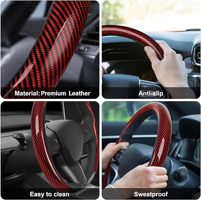 frani Leather Steering Wheel Cover, Universal 15 Inch Premium Non-Slip Steering Wheel Cover Red Carbon Fiber Texture
