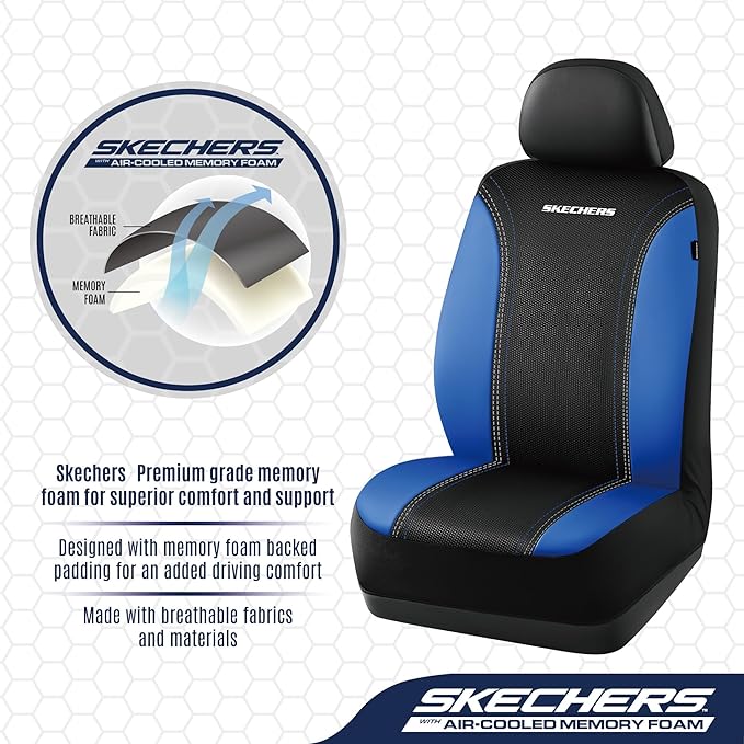 Skechers Memory Foam Seat Covers,Air- Cooled Mesh Thick Car Seat Covers,Leather Seat CoversFull Sets,Airbag Compatible,Automotive Comfort Universal Fit for SUVs,Vans,Sedans,Cars,Trucks,Blue