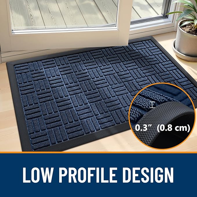 OLANLY Front Door Mat Outside Entrance 33x21, Absorbent, Heavy Duty Sturdy Natural Rubber Doormat Indoor Outdoor, Non-Slip, Stain and Fade Resistant, Low Profile Floor Mat for Entryway, Navy Blue
