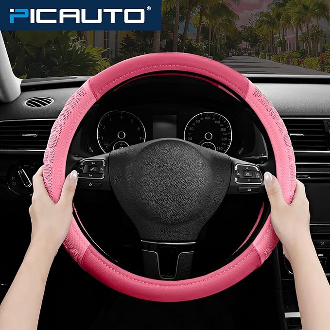 PIC AUTO Massage Steering Wheel Cover, Pink Football Pattern Material Spliced & Hotpink Leather Car Steering Wheel Cover, Car Steering Cover, Universal Fit 14.5"-15.5" for Cars, Trucks, Van, SUVs