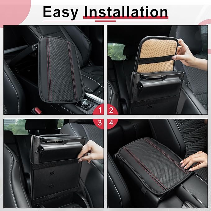 Amiss Car Center Console Pad, Universal Waterproof Car Armrest Seat Box Cover, PU Leather Auto Armrest Cover Protector，Vehicle Interior Accessories fits SUV/Truck/Car (Black-Red)