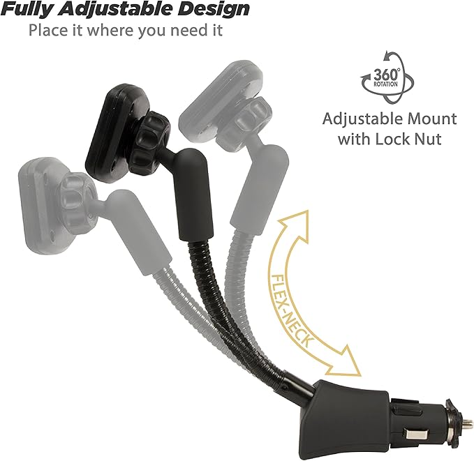 Scosche Magnetic Phone Mount for Car, USB Cigarette Lighter Adapter with Phone Holder, 12V Socket Plug-In, Adjustable Arm, Secure Magnet Grip, Built-In USB Charger for iPhone & Android Cell Phones