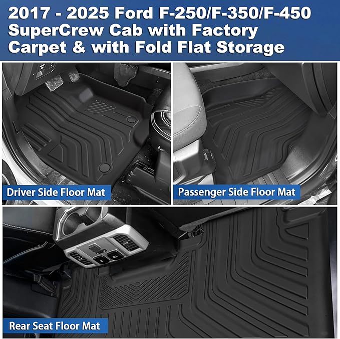 WEIZE Floor Mats Compatible with F250/F350, All Weather Floor Liners for 2017-2024 2025 Ford F-250/F-350 SuperCrew Cab Rear with Under Seat Fold Flat Storage,Set of 3