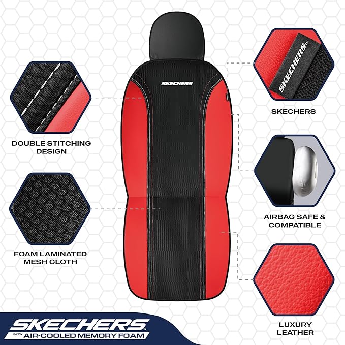 Skechers Memory Foam Seat Covers,Air- Cooled Mesh Thick Car Seat Covers,Leather Seat CoversFull Sets,Airbag Compatible,Automotive Comfort Universal Fit for SUVs,Vans,Sedans,Cars,Trucks,Red