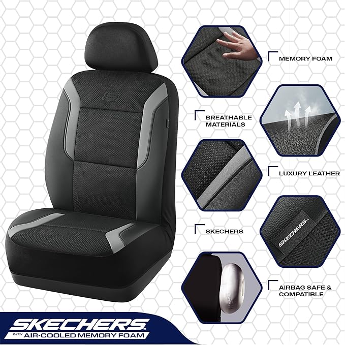 Skechers Memory Foam Car Seat Covers, Air Cool Mesh Thick Seat Covers, Gray Two Front Car Seat Protector, Airbag Compatible, Automotive Comfort & Protection for Most Cars, Van,Trucks, SUV,Grey