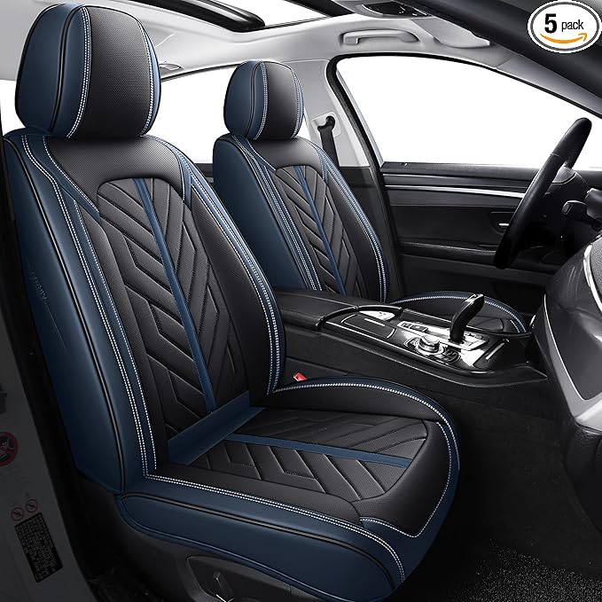 Tomatoman Car Seat Covers Full Set,Universal Automotive Breathable Leather Vehicle Cushion Full Coverage Protectors Fit for Most Cars SUV Pick-up Truck(Full Set/Black Blue)