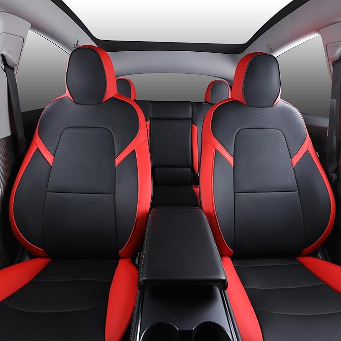 Suitable for Tesla Model Y Seat Covers, Waterproof Faux Leather Car Seat Covers Full Set for Tesla Model Y 2020 2021 2022 2023 2024 (Black+Red)