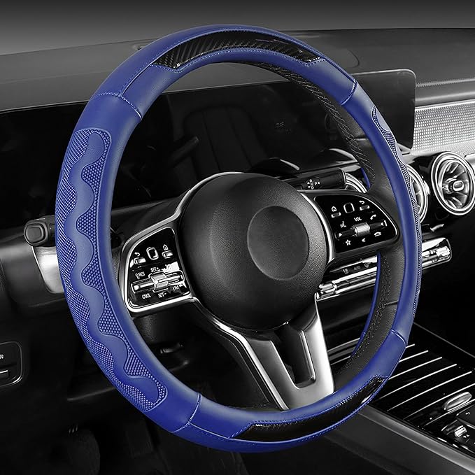 SEG Direct Car Steering Wheel Cover Medium Size 14 1/2"-15" Embossed Microfiber Leather with Carbon Fiber Pattern Blue