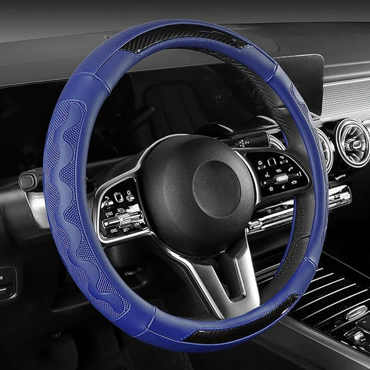 SEG Direct Car Steering Wheel Cover Medium Size 14 1/2"-15" Embossed Microfiber Leather with Carbon Fiber Pattern Blue