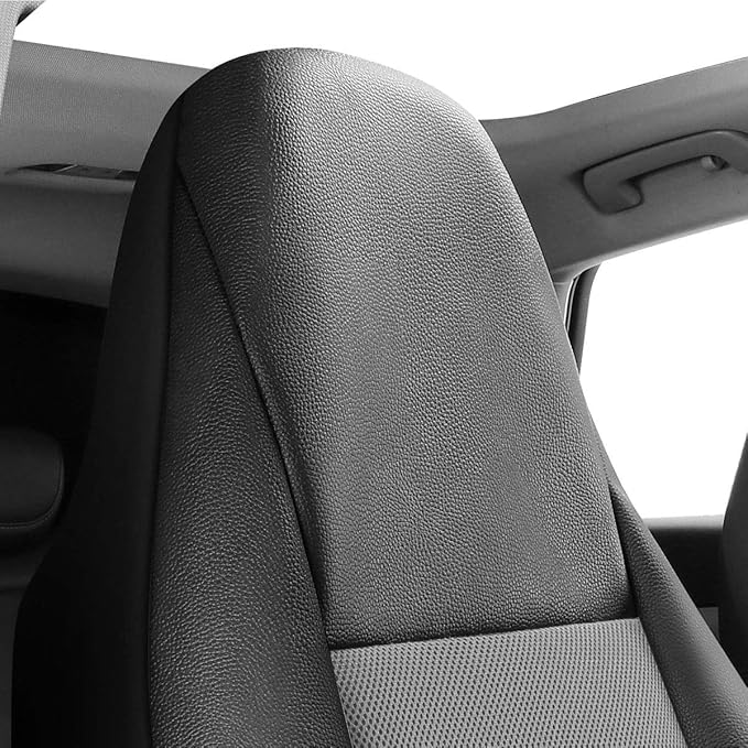 P&J AUTO Leather and Mesh High Back Car Seat Cover Front Pair Integrated Bucket Seat Airbag Compatible (Grey)